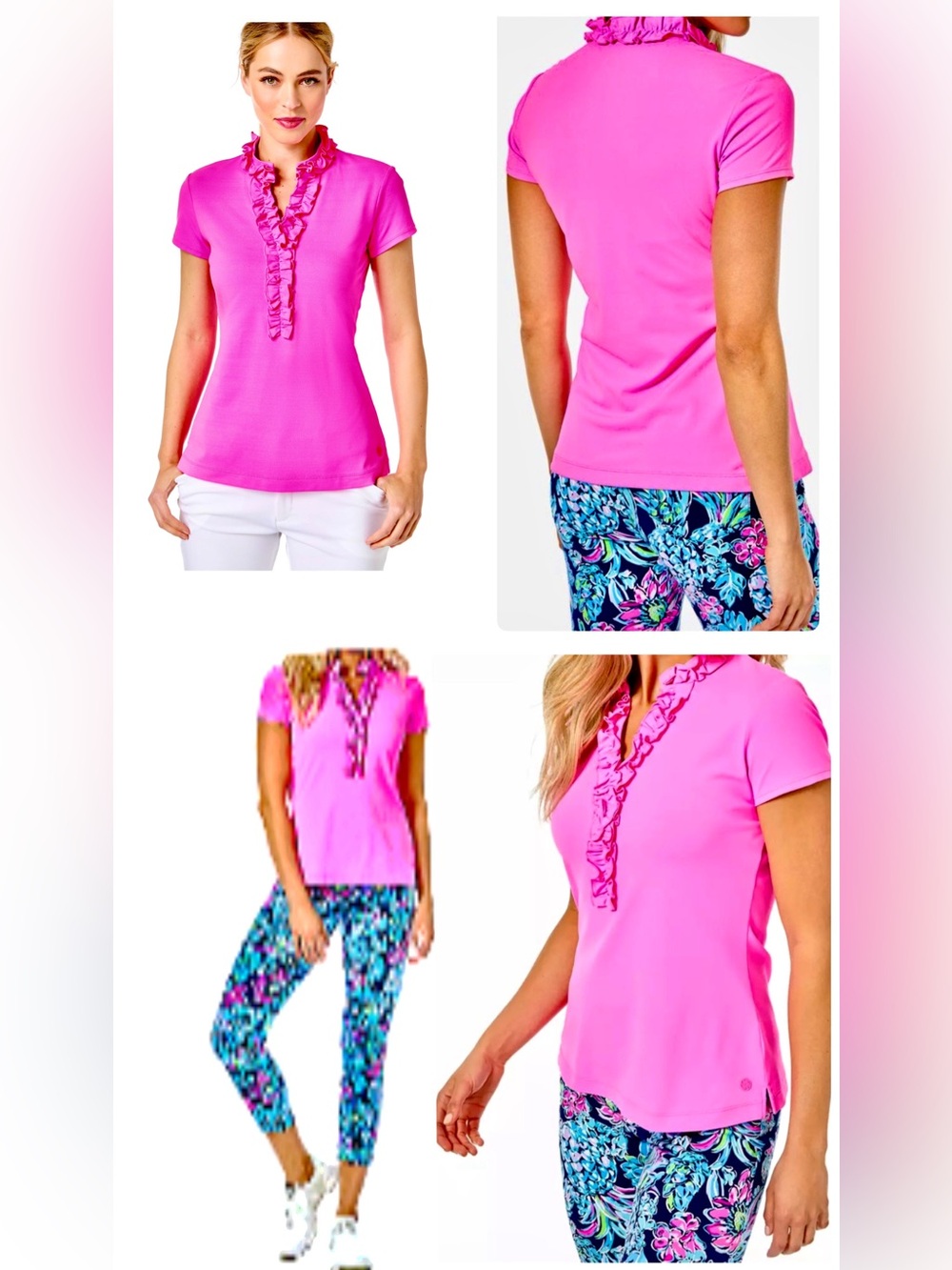 Sugar Bright Pink Ruffle V-Neck Short Sleeve Top